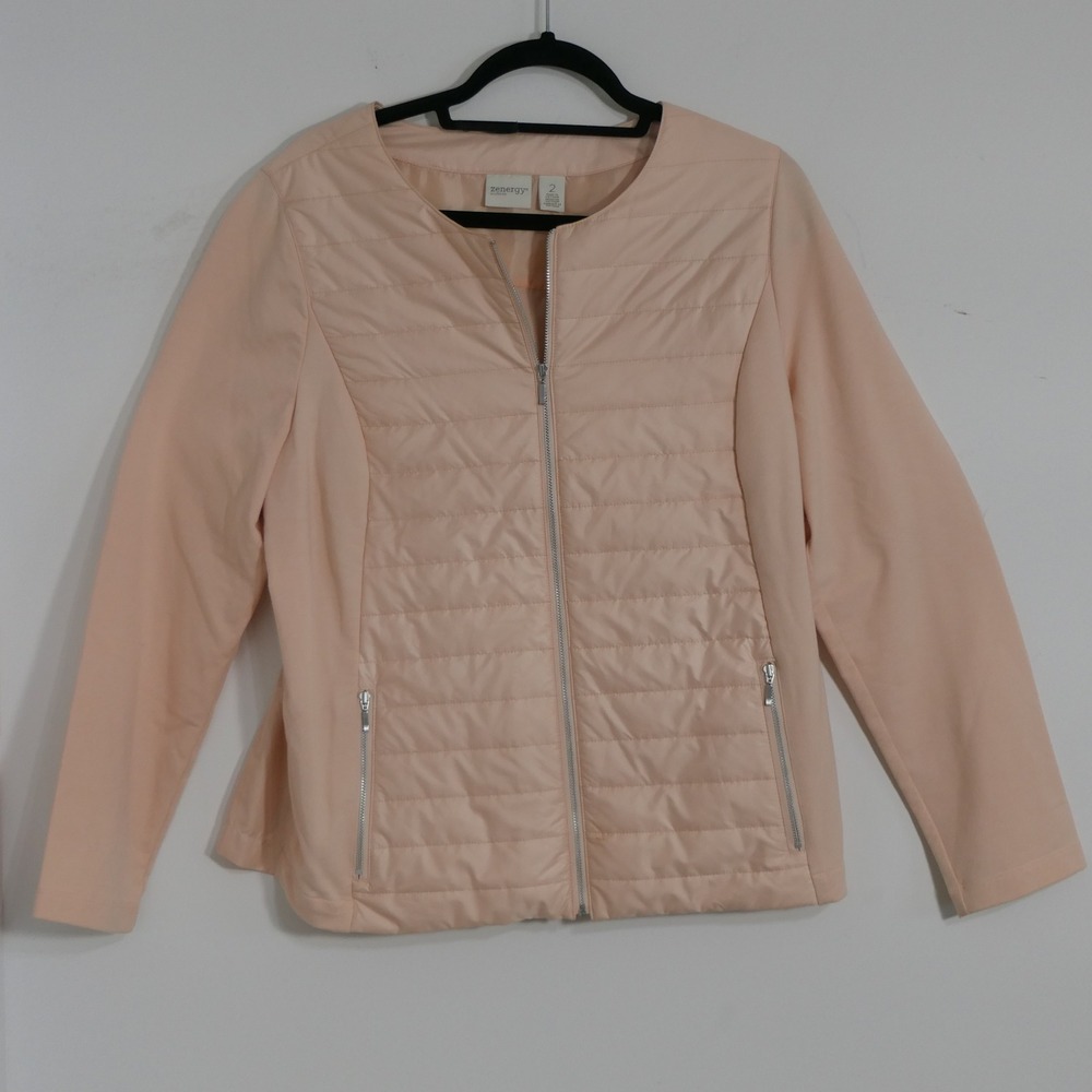 Zenergy by Chico's Women Quilted Mixed Media Jacket L Peach Athleisure Travel